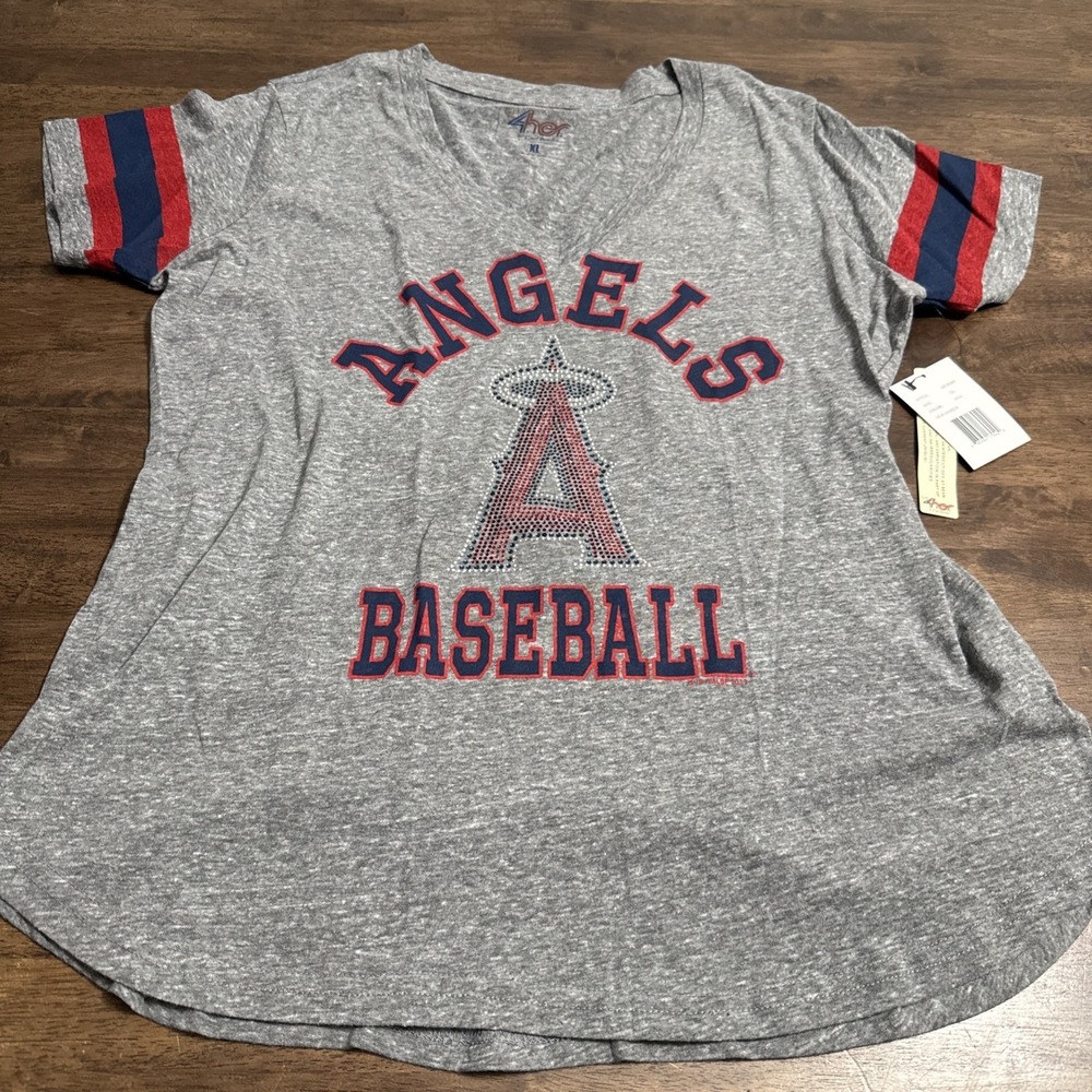 Los Angeles Angels Baseball 4her V-Neck T-Shirt Women's XL Bling Logo NWT MLB